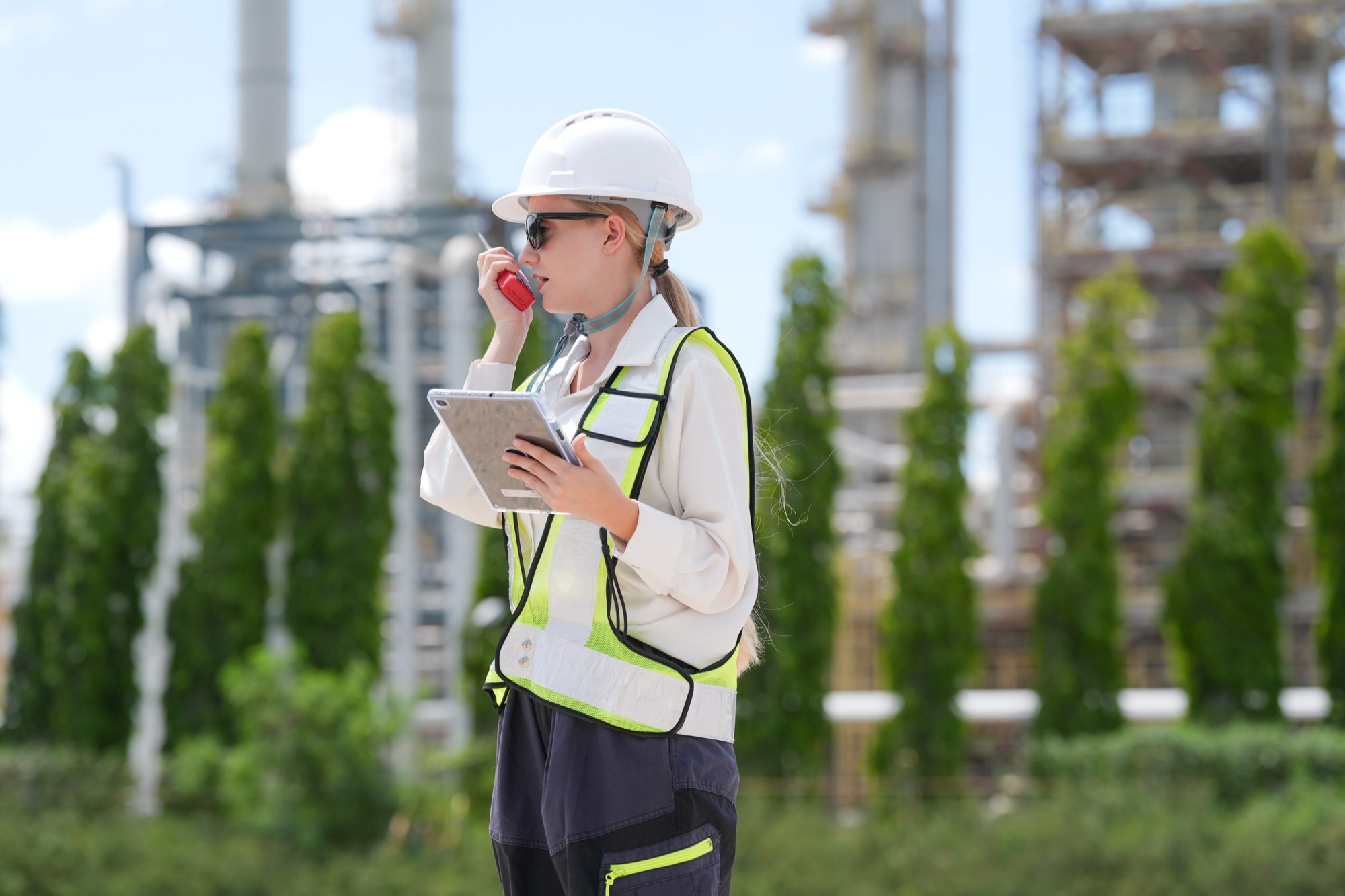 A woman engineer in a hard hat and safety vest inspecting an industrial plant with a tablet and radio